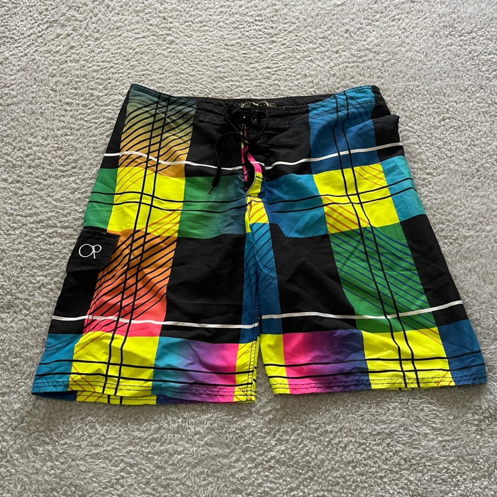 OP Ocean Pacific Mens Board Shorts Size 38 Multicolor Neon Plaid Swim Trunks